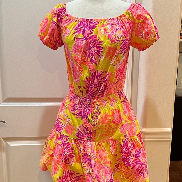 Lilly Pulitzer Dress Womens Large Jesiba Off Shoulder Calla Yellow Pink Floral - Picture 1 of 5